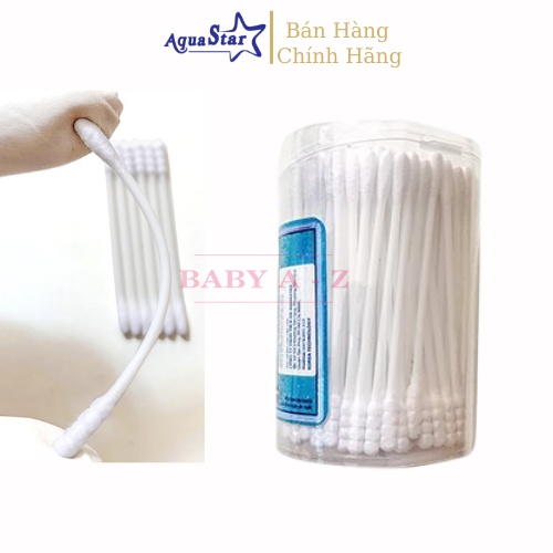 Tăm Bông Trẻ Em Aqua Star hộp 200c Thân Nhựa Tăm Bông Kháng Khuẩn 2 Đầu Tròn Xoắn Công Nghệ Korea