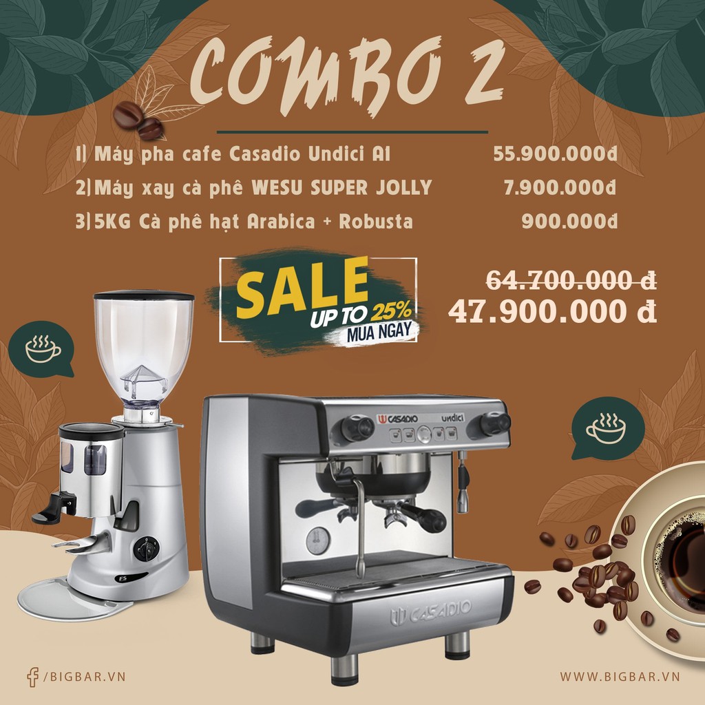 combo 2: máy pha cà phê Casadio Undici A1+ Máy xay cà phê WESU SUPER JOLLY +5KG Cà phê hạt Arabica + Robusta