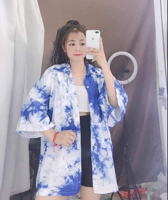 Áo Sơmi TyeDie Loang Màu Tay Lửng Unisex Ảnh Thật