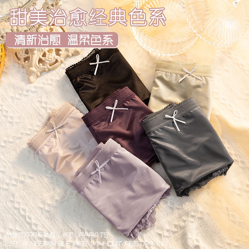 Quần Lót cotton Lụa Phối Ren Không Đường May Lưng Vừa Thoáng Khí Gợi Cảm Kiểu Nhật Bản Cho Nữ