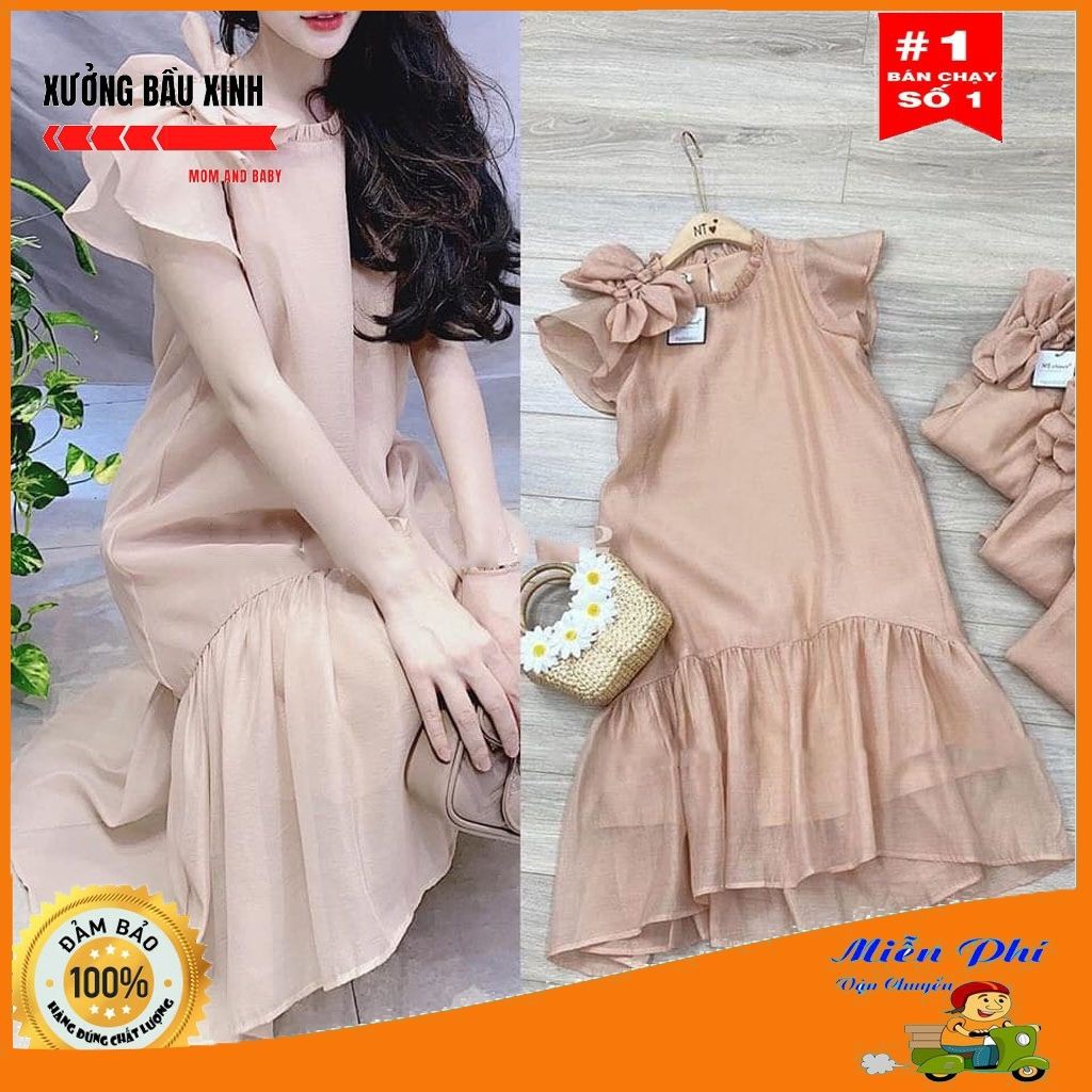 Váy bầu thời trang thiết kế nơ vai sát lách M139 chất voan hai lớp freesize từ 45 đến 70kg