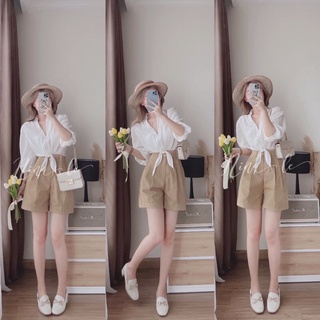 Set áo sơ mi cột nơ kèm quần short siêu xinh