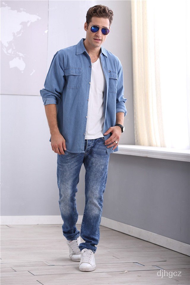 Áo sơ mi Denim Cotton tay dài có Size lớn dành cho nam giới độ tuổi trung niên