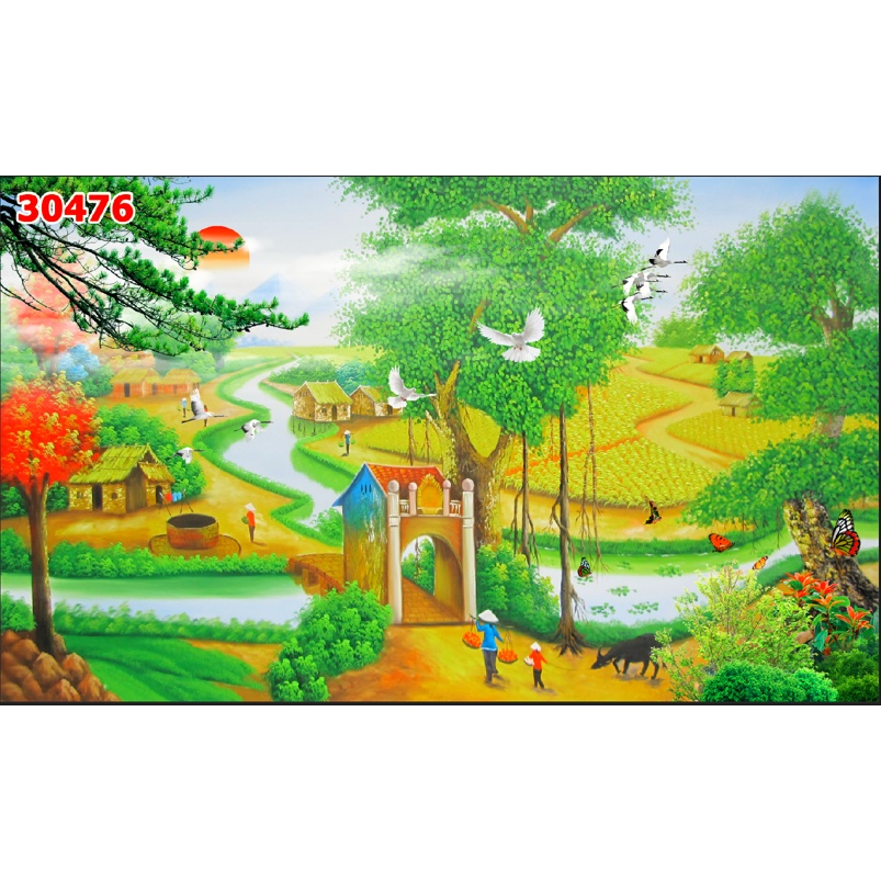 Tranh Dán Tường 3D Phong Cảnh Đồng Quê Yên Bình miễn phí chèn logo và chữ miễn phí