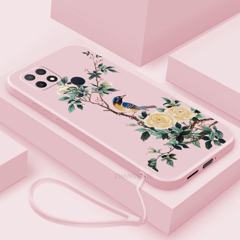 Ốp Điện Thoại TPU Mềm Họa Tiết Hoa Và Chim Có Dây Đeo Cho oppo a15 a15s