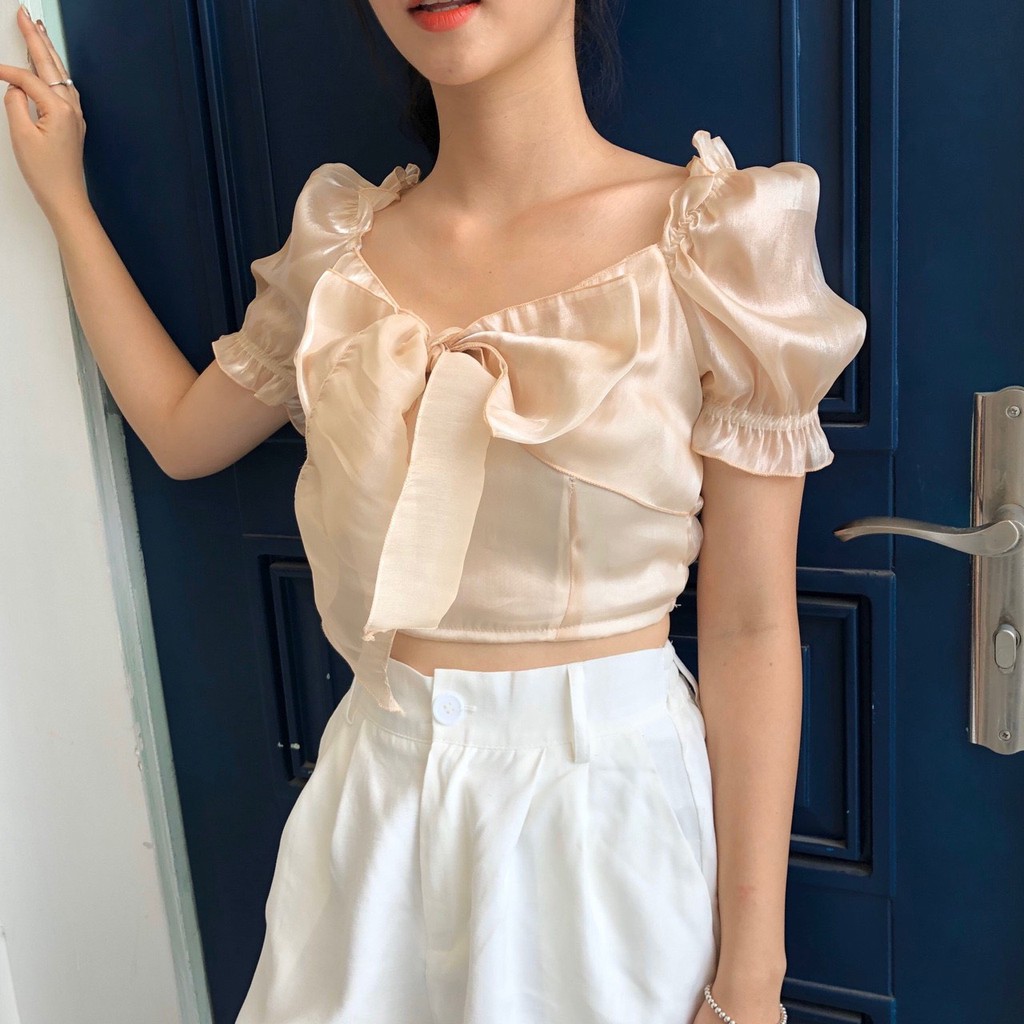 (HÀNG QC) ÁO CROPTOP VOAN KÍNH NƠ NGỰC BẢN TO MÀU BE - ÁO TRỄ VAI MẶC 2 KIỂU CỔ VUÔNG CHIFFON ULZZANG