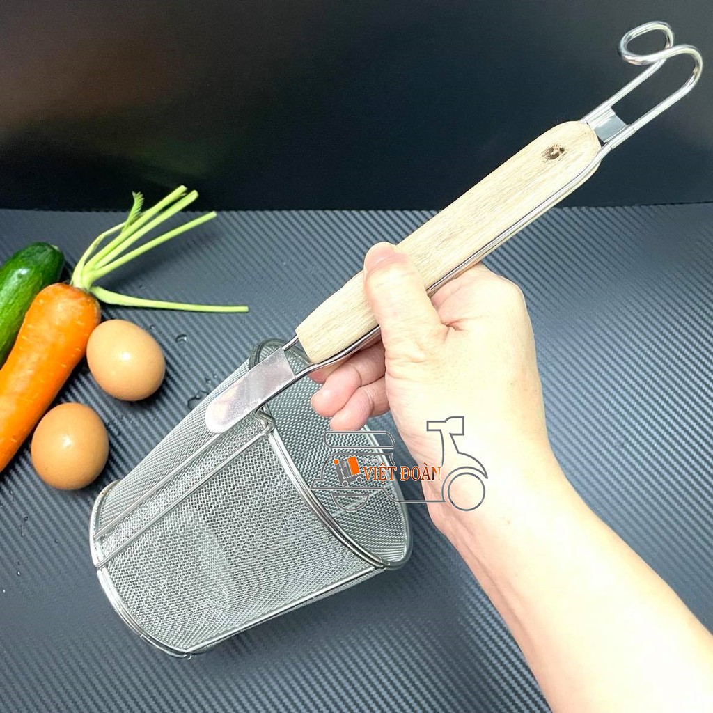 Vợt Trụng Hủ Tiếu, Mì - Sâu Lòng, INOX KHÔNG RỈ- LƯỚI DÀY MỊN, CÁN GỖ CHẮC CHẮN- 3 SIZE
