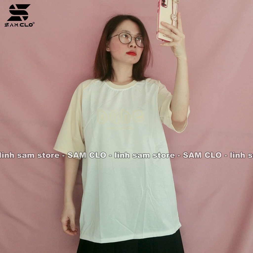 Áo thun nữ tay lỡ SAM CLO freesize phông form rộng dáng Unisex, mặc lớp, nhóm, couple phối tay chữ BABE