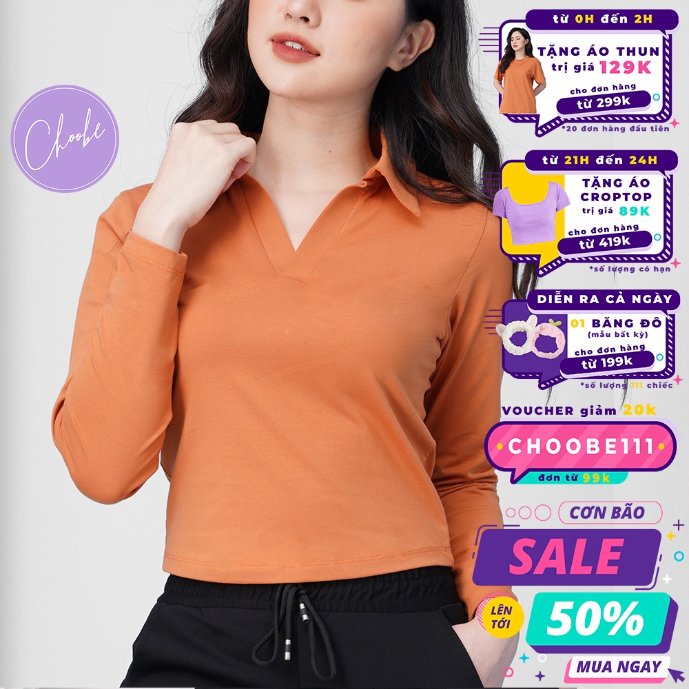 Áo croptop Choobe nữ dài tay có cổ vải cotton co giãn thoáng mát crotop thun đẹp A39