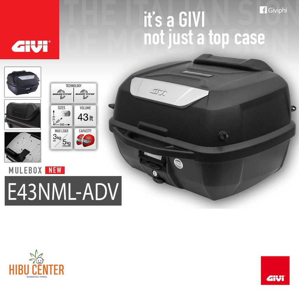 Thùng GIVI E43NTL-ADV Mulebox Gắn Sau Xe Máy Motor Màu Đen Có Phụ Kiện Đi Kèm Với Đế Đệm CHÍNH HÃNG – HBCENTER