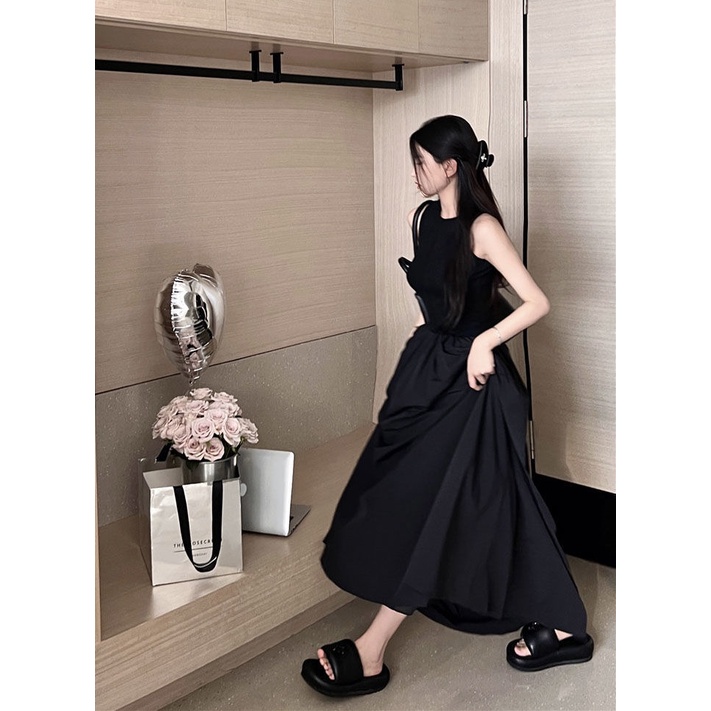 Đầm Midi Không Tay Màu Đen Thiết Kế Đơn Giản Thời Trang Mùa Hè Theo Phong Cách Pháp
