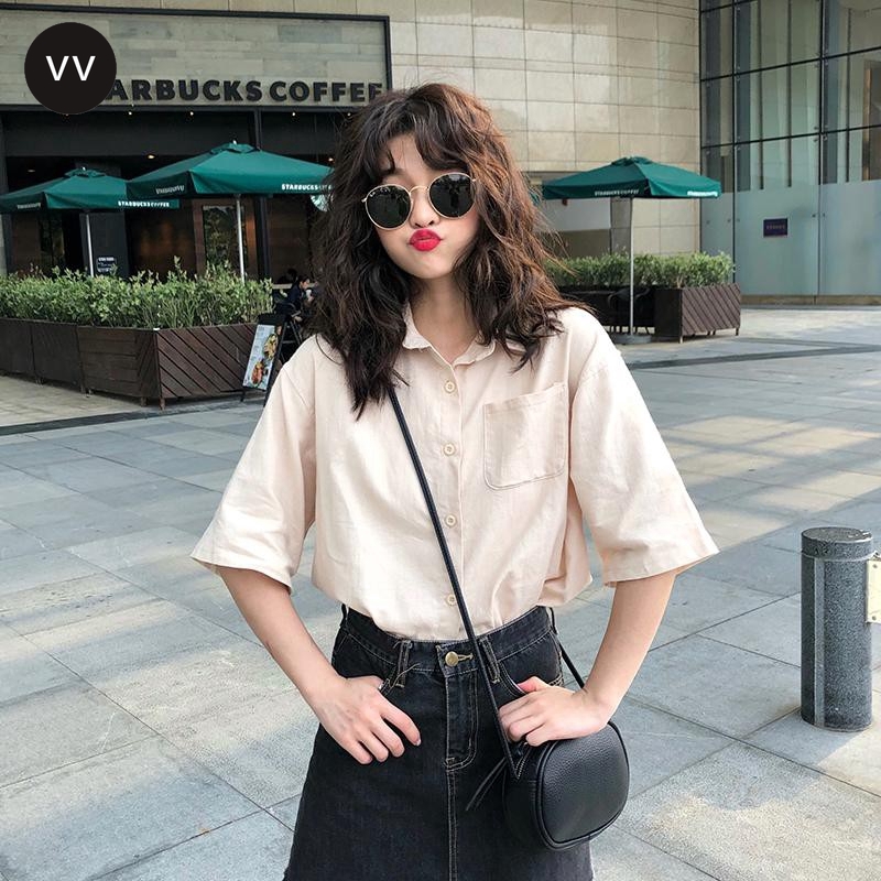 VVvn Áo Sơ Mi Ngắn Tay Màu Trơn Phối Túi Đơn Giản Dễ Phối Đồ