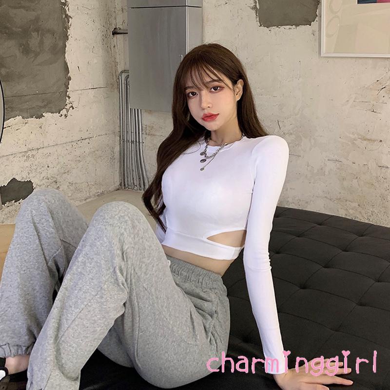 Áo Thun Crop Top Tay Dài Cổ Tròn Màu Trơn Thời Trang Xuân Hè Cho Nữ