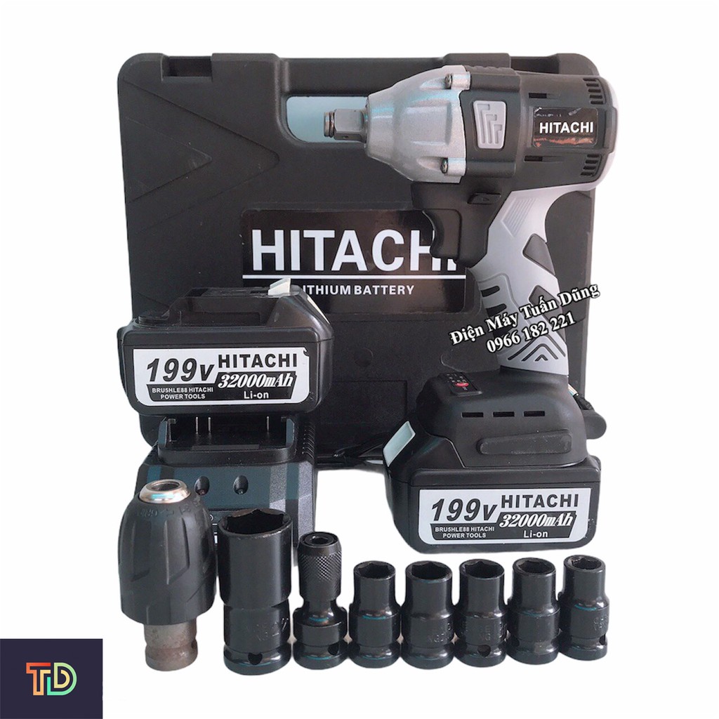 Máy xiết bulong 2 TRONG 1 HITACHI 199V TẶNG 1 ĐẦU CHUYỂN VÍT + 1 ĐẦU KHOAN 10N + 5 KHẨU