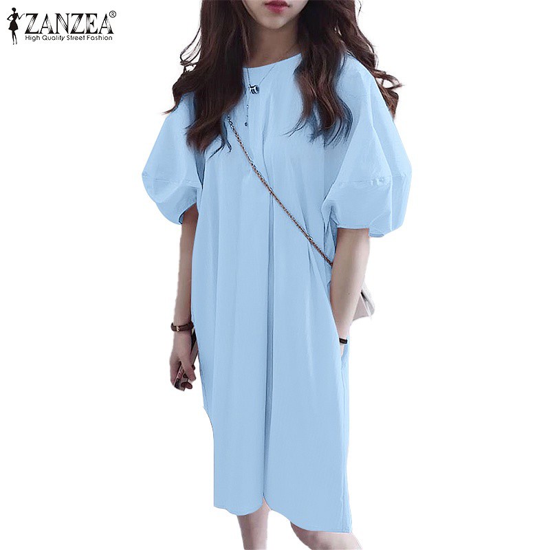 Đầm ZANZEA cổ tròn tay phồng màu trơn bằng cotton cho nữ giới