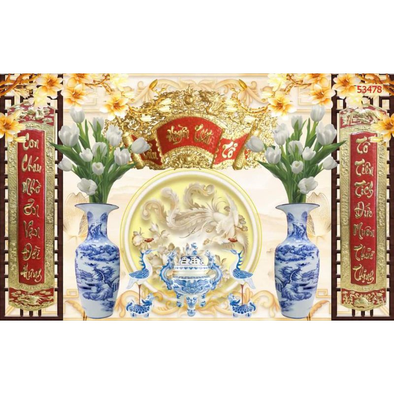 [IN THEO YÊU CẦU] tranh dán tường phòng thờ, bàn thờ 3D