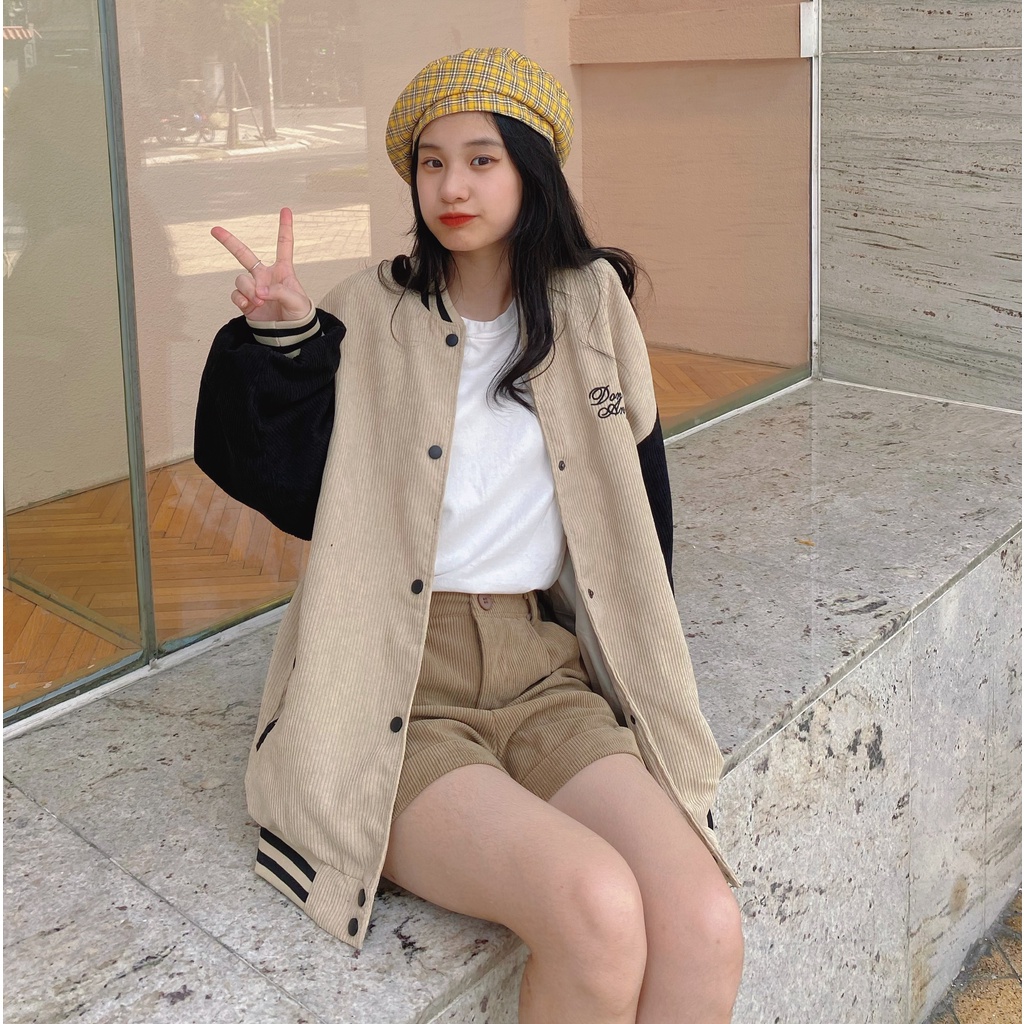Áo khoác bomber nhung tăm cúc bấm thêu Don't need me form rộng ulzzang - Made by Fiin (có video cận chất)