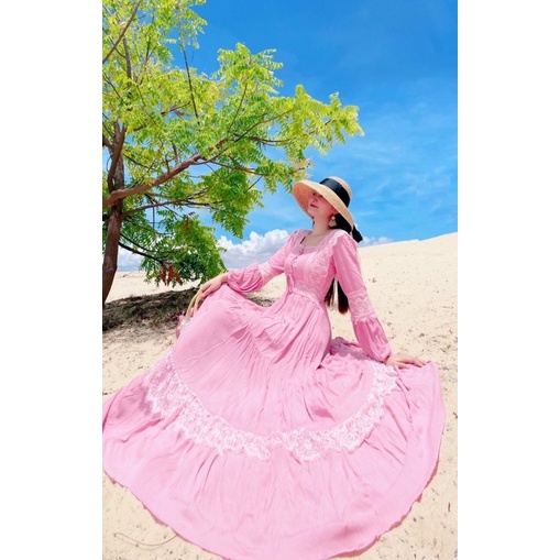 Đầm maxi tay dài cổ vuông váy xòe nối tầng phối ren đi du lịch chụp ảnh sống ảo thiết kế cao cấp