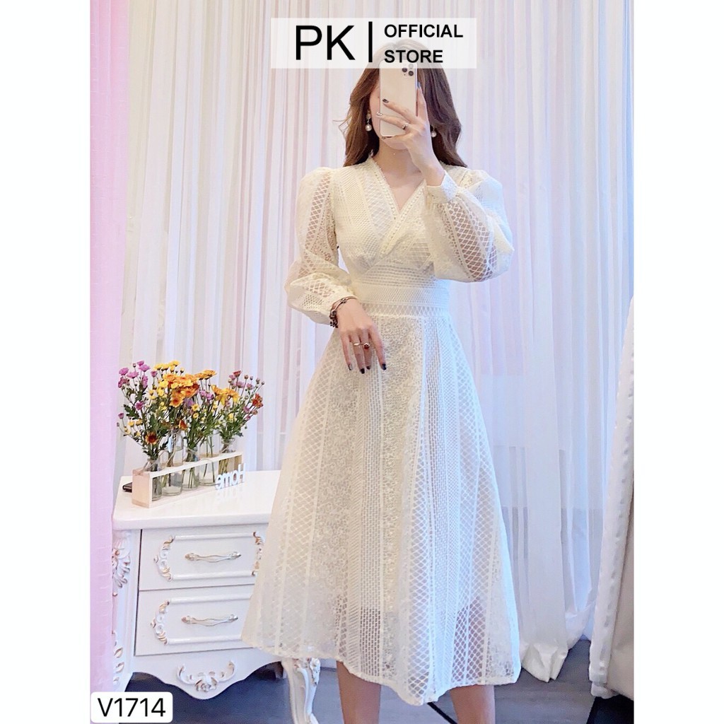 Đầm Xoè Ren Kem Công Chúa V1714 Chất Liệu Ren Nhật Cao Cấp, Váy Đầm Thiết Kế Chính Hãng PK's House