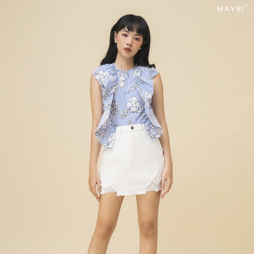 Áo Maybi ôm nền hoa sọc xanh phối bèo lớn