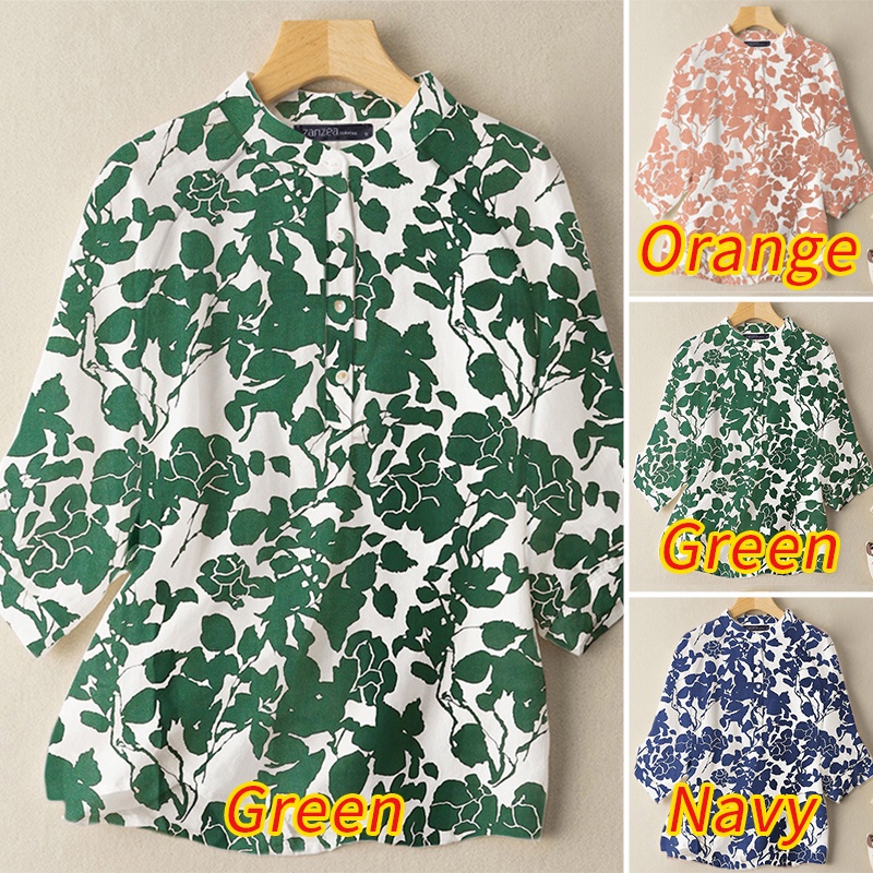 Áo sơ mi Zanzea cổ đứng tay 3/4 in họa tiết thời trang cho nữ