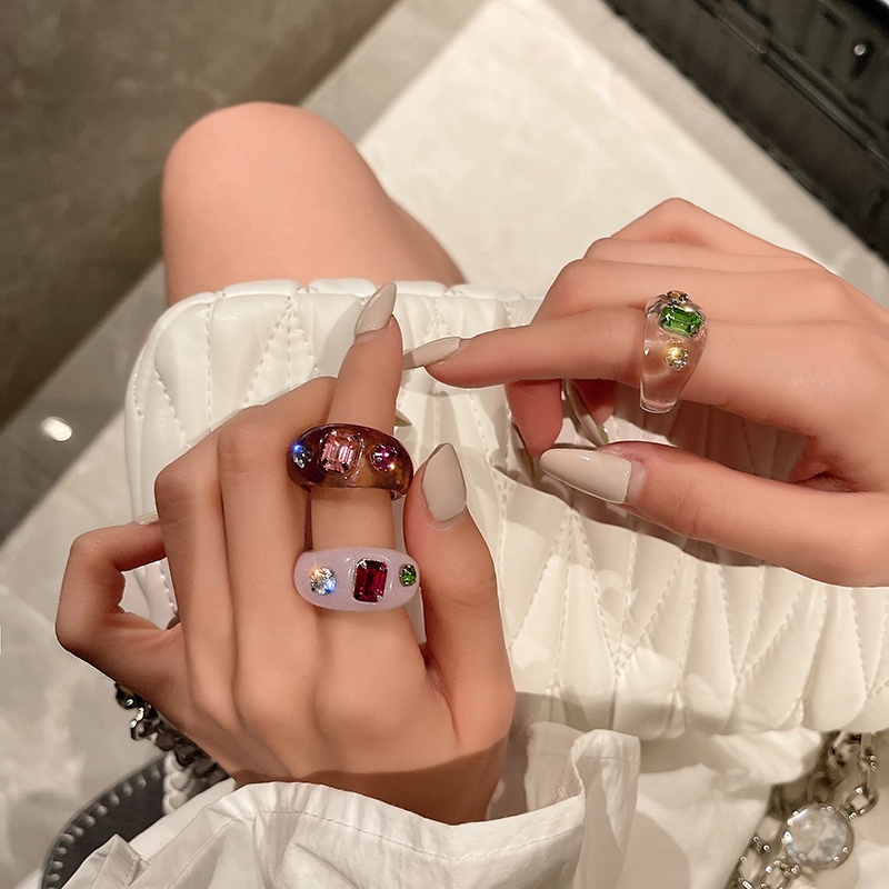 3 Cái / Bộ Thời trang Vòng nhựa trong suốt Acrylic Rhinestone Nhẫn Hình học đầy màu sắc Phụ nữ Trang sức Phụ kiện