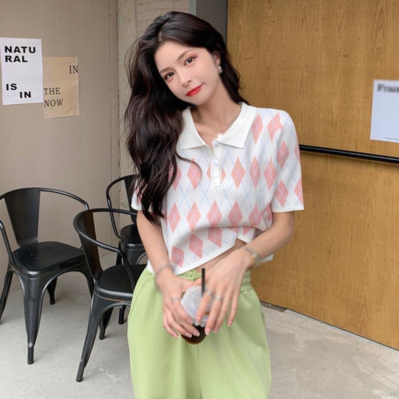 Áo Croptop Dệt Kim Tay Ngắn Kẻ Sọc Ca Rô Kiểu Hàn Quốc Dễ Thương Cho Nữ | BigBuy360 - bigbuy360.vn