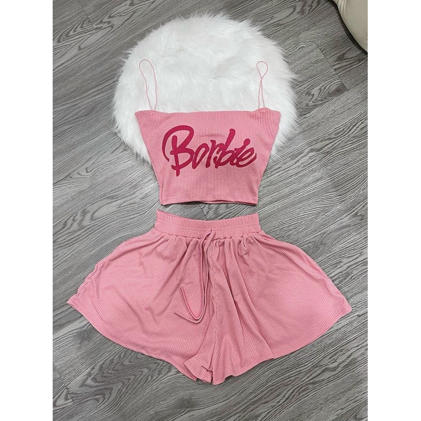 Set bộ mặc nhà áo 2 dây chữ babie quần đùi xoè thun gân mềm