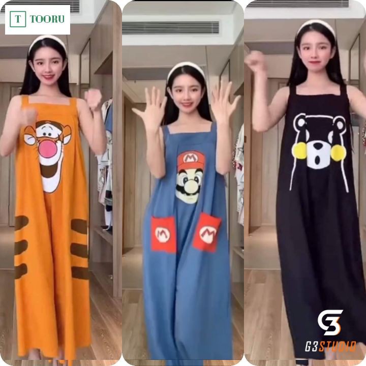 Đầm ngủ 2 dây nữ dáng suông dễ thương cotton mềm mịn hoạ tiết hoạt hình váy ngủ cute Tooru DNS