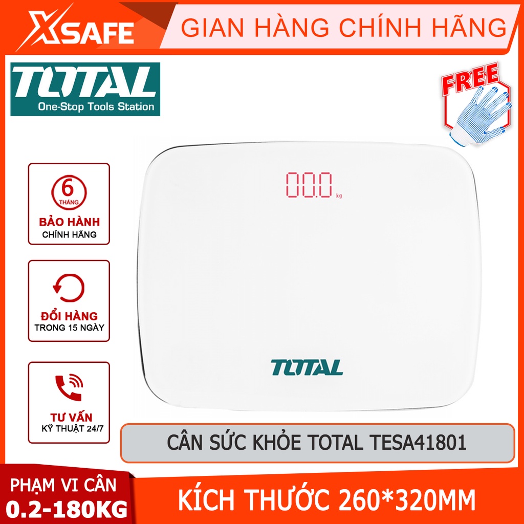 Cân điện tử TOTAL TESA41801 Cân sức khỏe 180kg kích thước 260x320mm, nguồn pin sử dụng 3 pin AAA, phạm vi cân 0.2-180kg