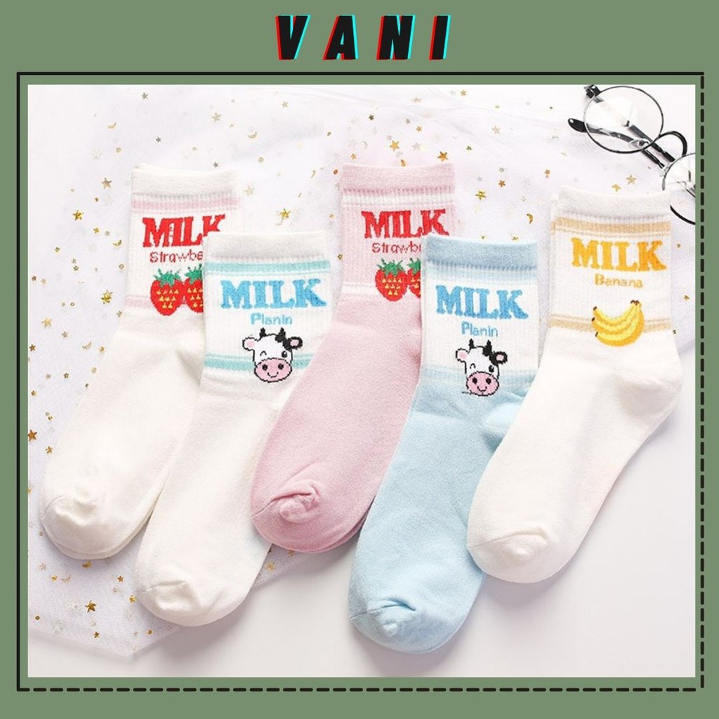 Tất Cổ Lửng Họa Tiết Chữ Milk, Bò Sữa Phong Cách Cute Dễ Thương - Vani Store [TAT00056]