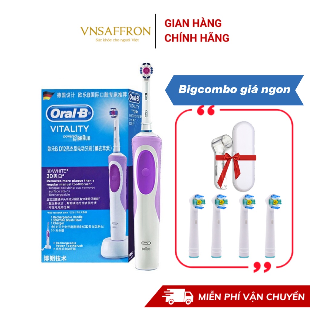 Bàn chải điện đánh răng tự động Oral-B D12 tím làm sạch răng, hạn chế viêm nướu kèm big combo quà tặng