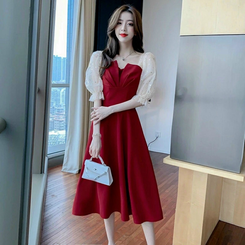 Đầm Xòe Tiểu Thư Tay Lưới Kim Sa Thanh Lịch