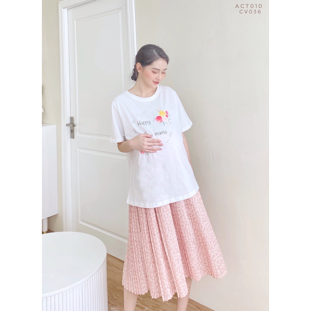 MEDYLA - Áo phông thun cotton cho bầu thoải mái mặc trong và sau sinh mặc kèm chân váy hoa xếp ly - ACT010