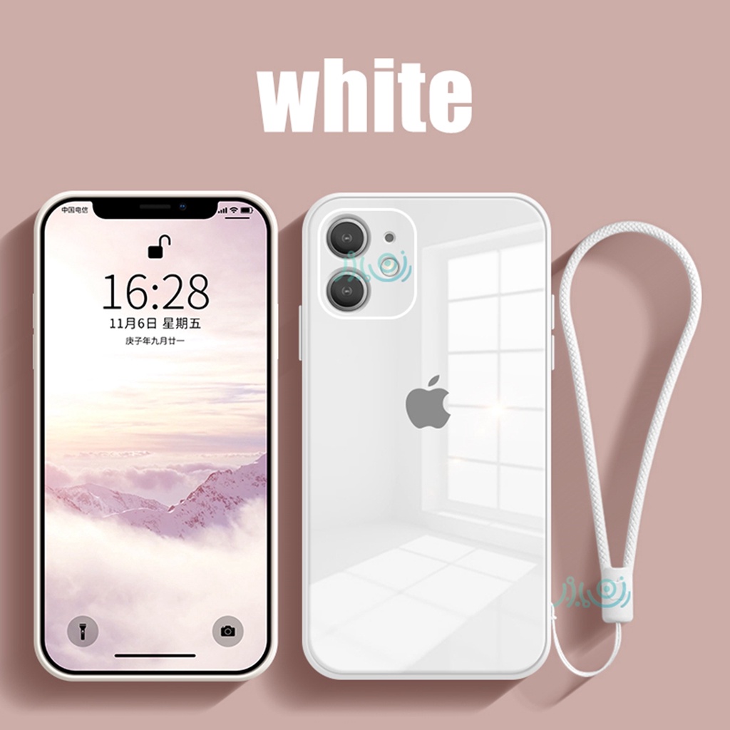 【Free Lanyard】Macaron Casing iPhone 11 12 Pro MAX XS MAX XR X 6 6S 7+ 8 Plus SE 2020 Tempered Glass Case Square Silicone back cover