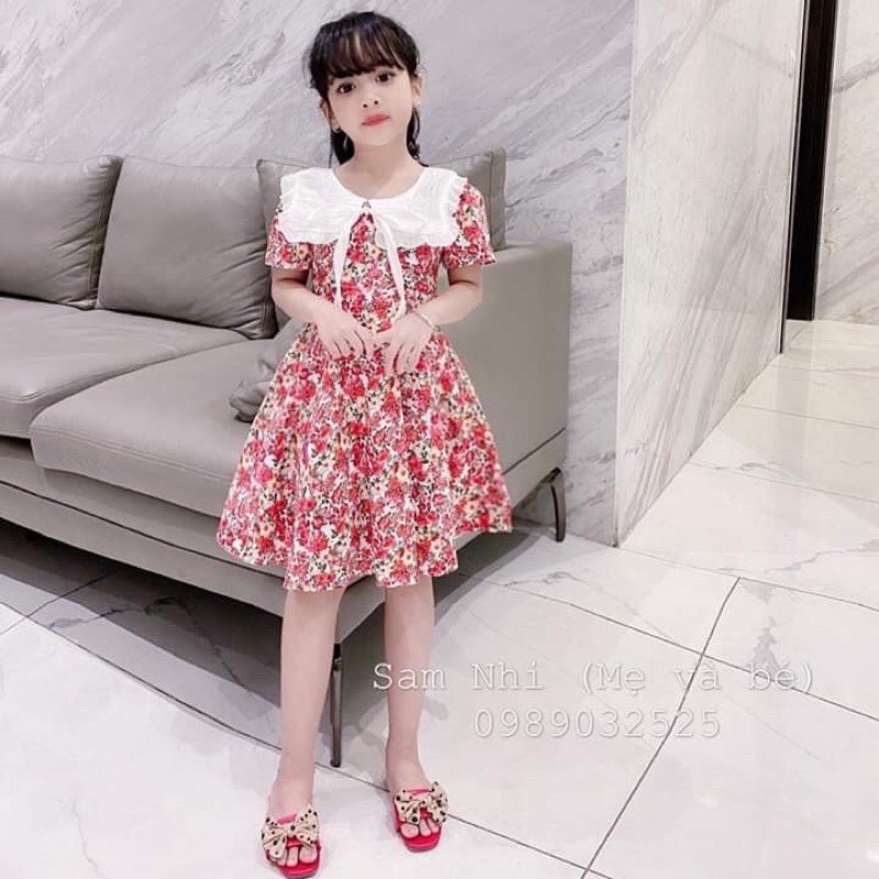 Đầm cổ lá sen phối nơ cho bé gái - hàng loại 1 có dây kéo