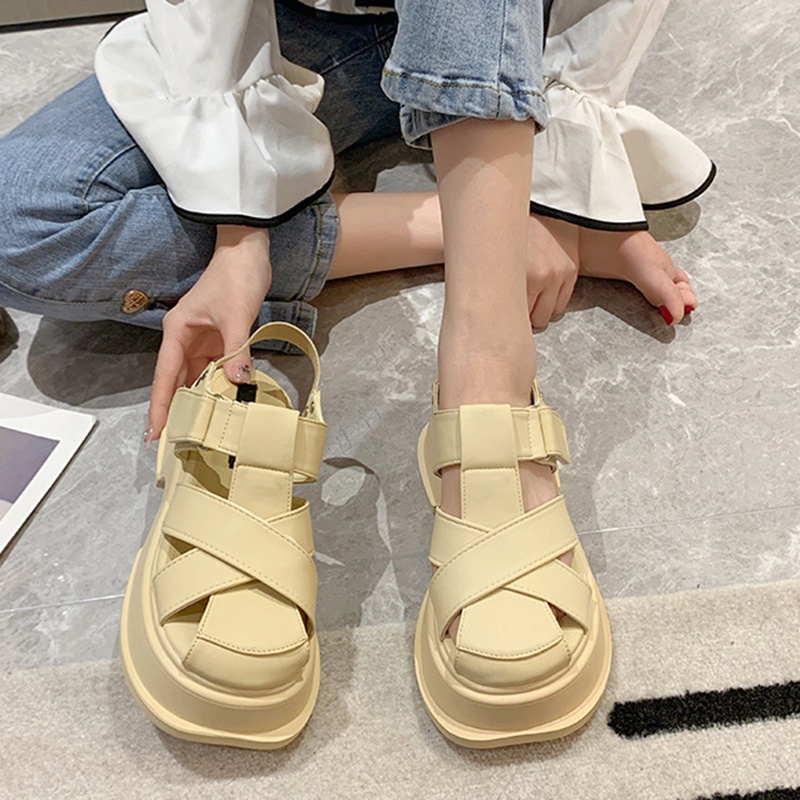 Giày sandal đế dày IELGY mũi tròn màu sắc retro thời trang dành cho nữ