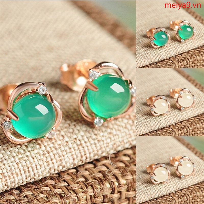 Bông tai hình vương miện đính đá ngọc bích xinh xắn dành cho nữ