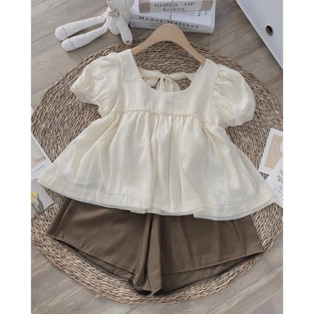 Set Bộ Đùi Short Baby Doll Phong Cách Tiểu Thơ Ulzzang Hàn Quốc- Set Áo Nơ Quần Short Hot
