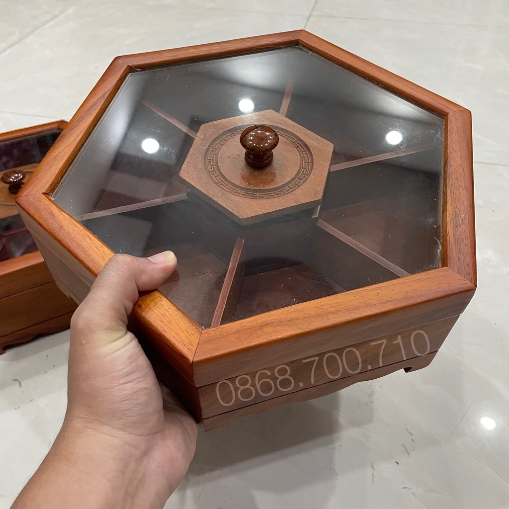 Khay Đựng Bánh Kẹo Ngày Tết bằng Gỗ Hương Cao Cấp Lục Giac Kính - khay đựng mứt tết bằng gỗ - ẢNH THỰC TẾ