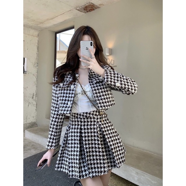Set áo dạ ,chân váy tweed hoạ tiết răng sói hàng quảng châu loại 1