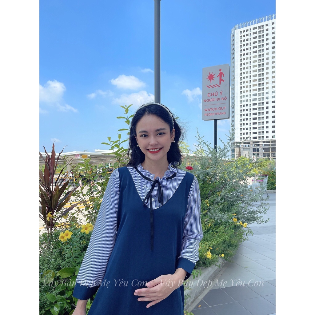 Váy Bầu Thu Đông - Đầm Bầu GUME màu Xanh Than pha kẻ Dài Tay Cổ nhún bèo MYC 1093