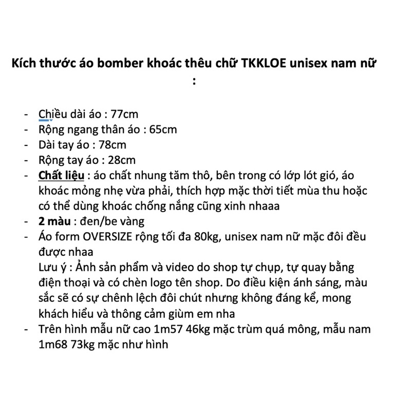 Áo bomber khoác thêu chữ TKKLOE unisex nam nữ (ảnh thật shop chụp kèm video)