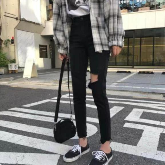 Quần jeans rách gối dáng SKINY lưng cao co giãn