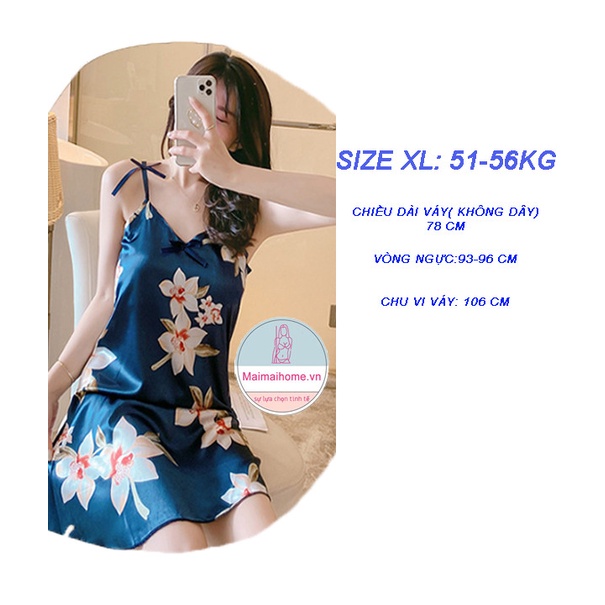 VÁY NGỦ 2 DÂY HOA XANH LỤA SATIN [Maimaihome]