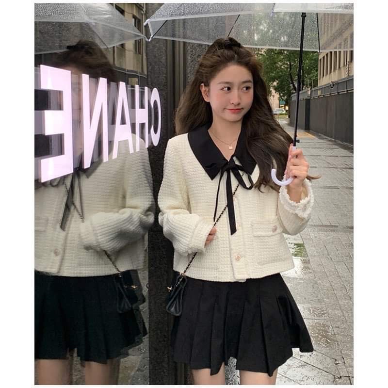 Áo dạ tweed 2 lớp có túi cổ buộc nơ đen sang chảnh