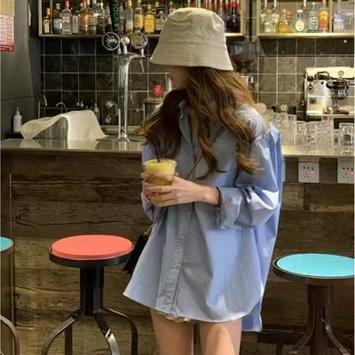 Áo sơ mi SUXI tay dài dáng rộng màu xanh dương thời trang mùa hè cho nữ