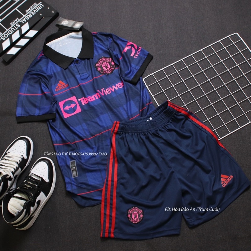Bộ quần áo đá banh CLB MU TeamView 2023 màu xanh hồng có cổ