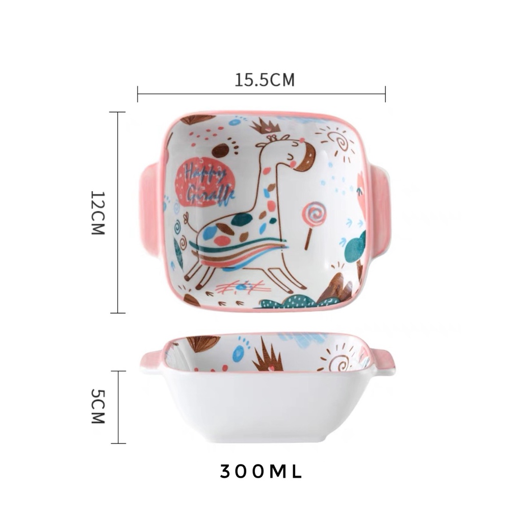 Trọn bộ bát đĩa Happy Giraffe hươu hồng xinh xắn dễ thương có sẵn