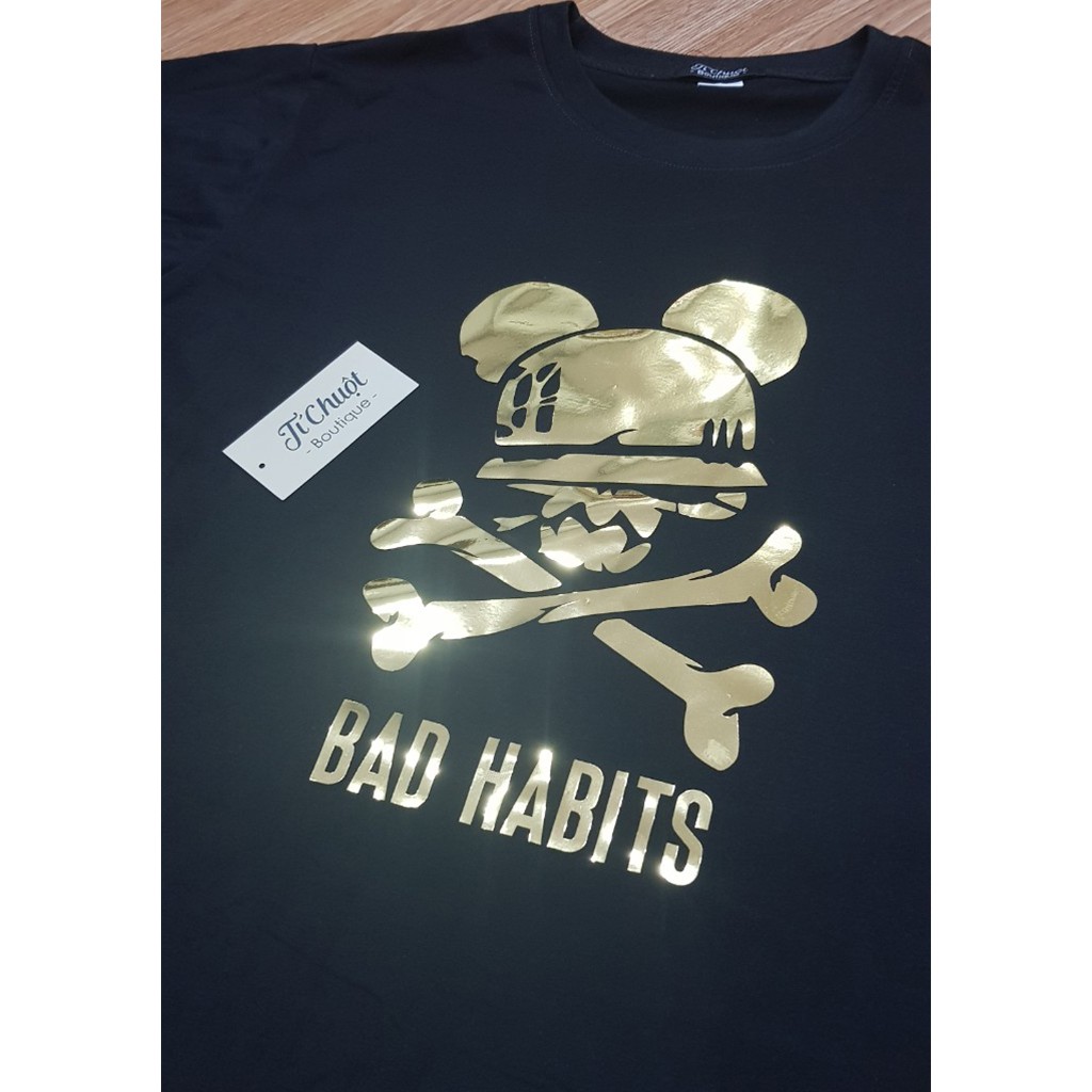 Áo thun unisex in nhũ vàng áo lv, bad habits, bad rabbit, moschino cotton 100% oversize tay lỡ nam nữ- Tí Chuột Studio